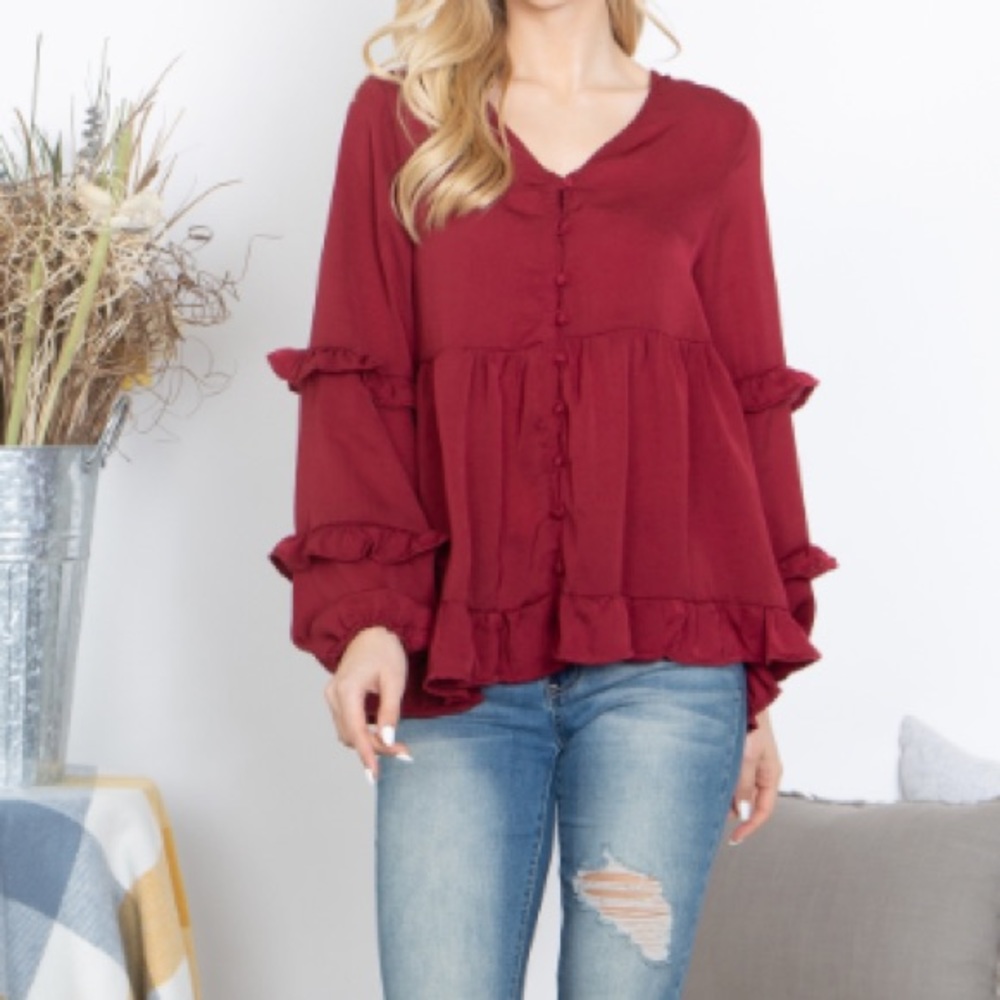 [New with Tags] Easel Wine Ruffle Top